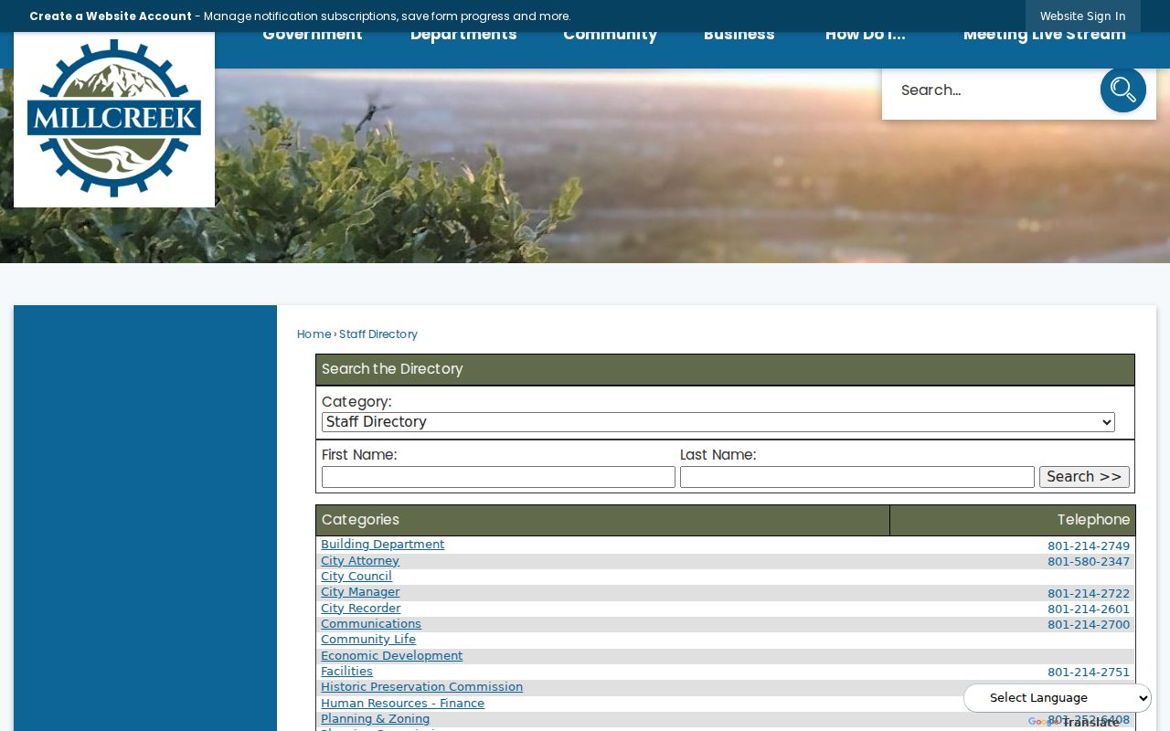 Millcreek people directories city staff search screen
